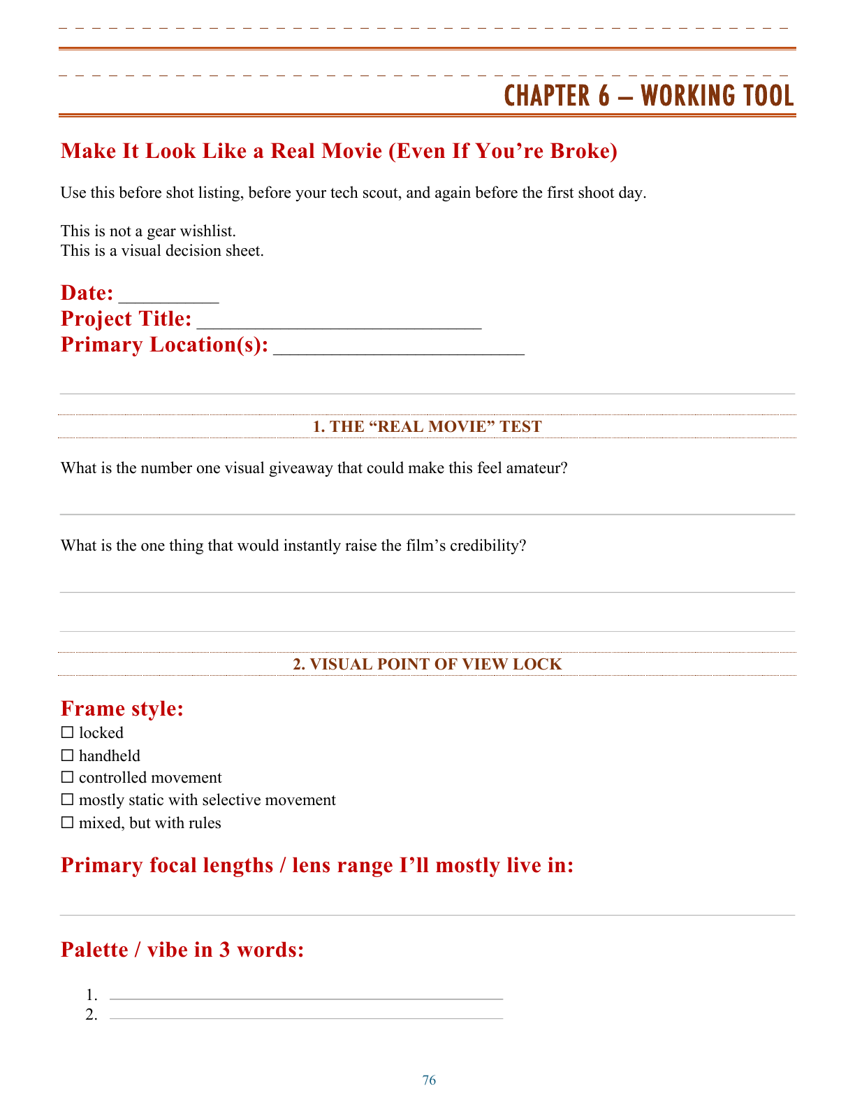 Chapter 6 Working Tool page from the First Film Field Guide