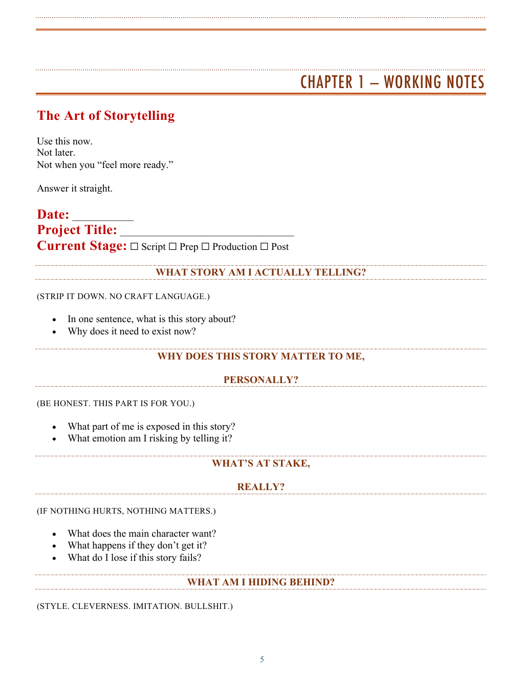 Chapter 1 Working Notes page from the First Film Field Guide